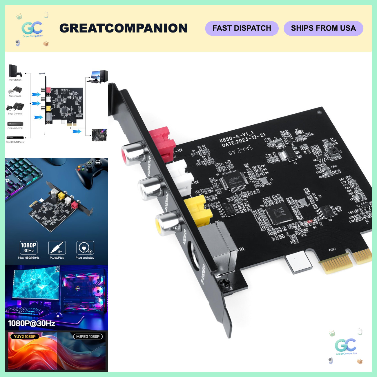 Ultra-Low Latency PCIe Video Capture Card for Retro Gaming & AV Devices, Win/Lin