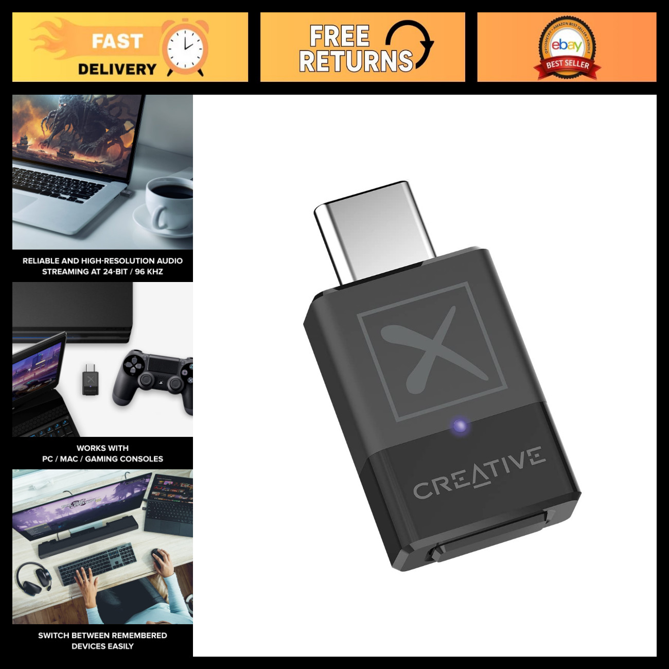 Smart Bluetooth 5.3 Audio Transmitter, aptX Adaptive, 24-bit/96 kHz, PC/Mac/Gami