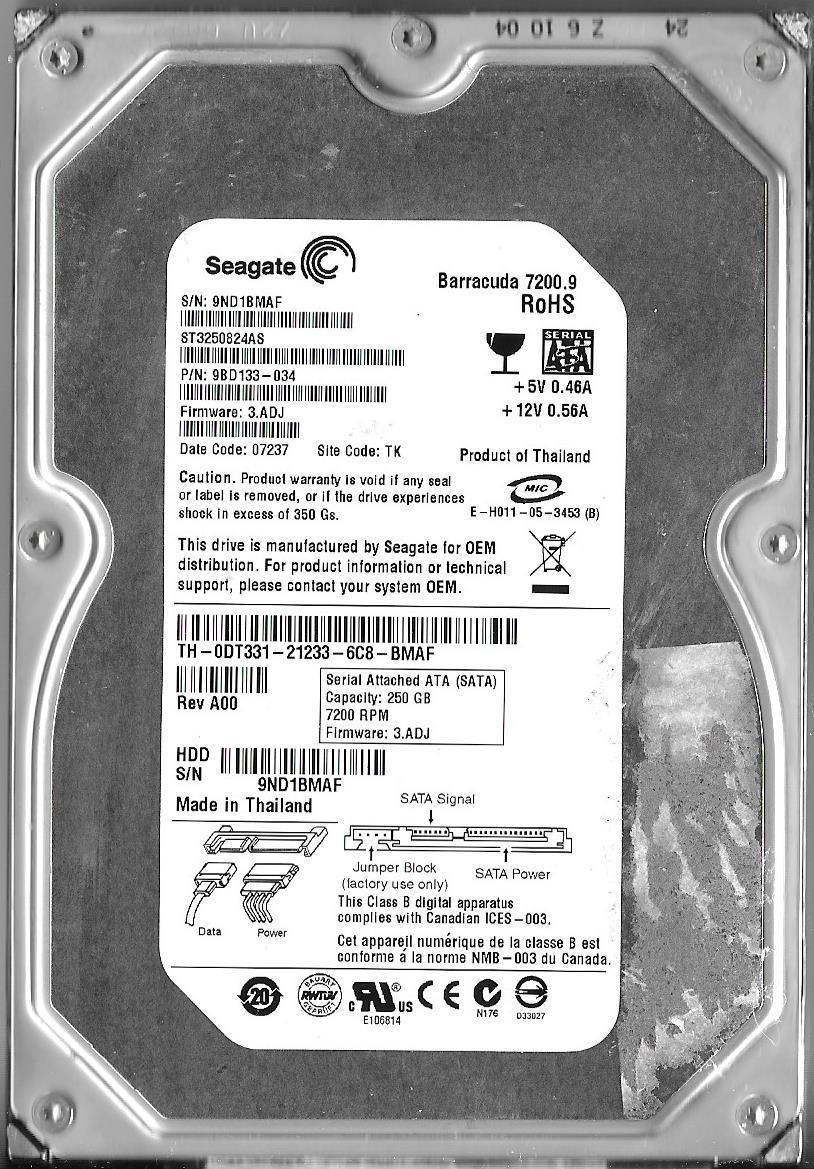SEAGATE ST3250824AS 250GB SATA HARD DRIVE P/N: 9BD133-034 FW: 3ADJ  TK  9ND