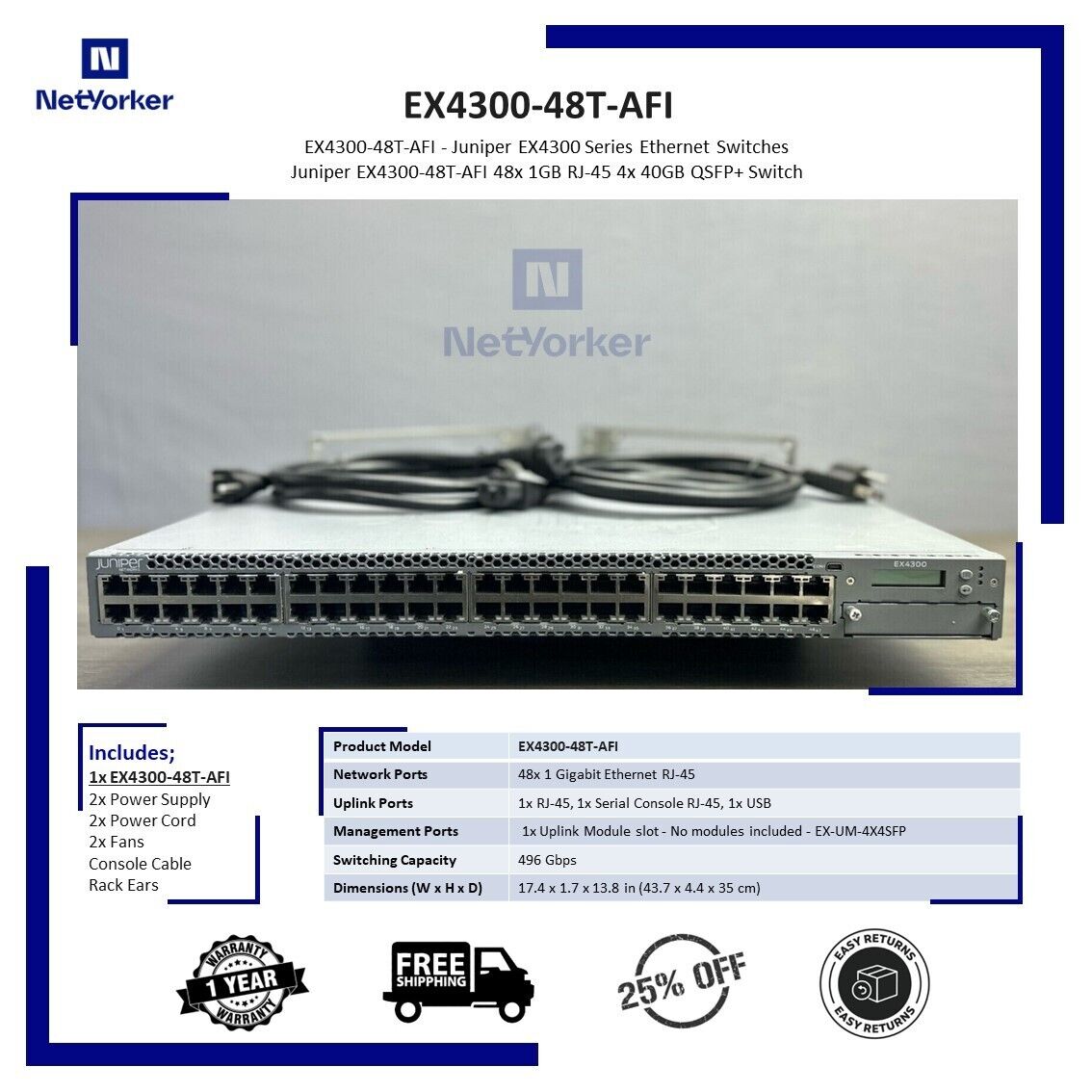 Juniper EX4300-48T-AFI 48-Port 10/100/1000Base-T Switch 2x JPSU-350-AC-AFI