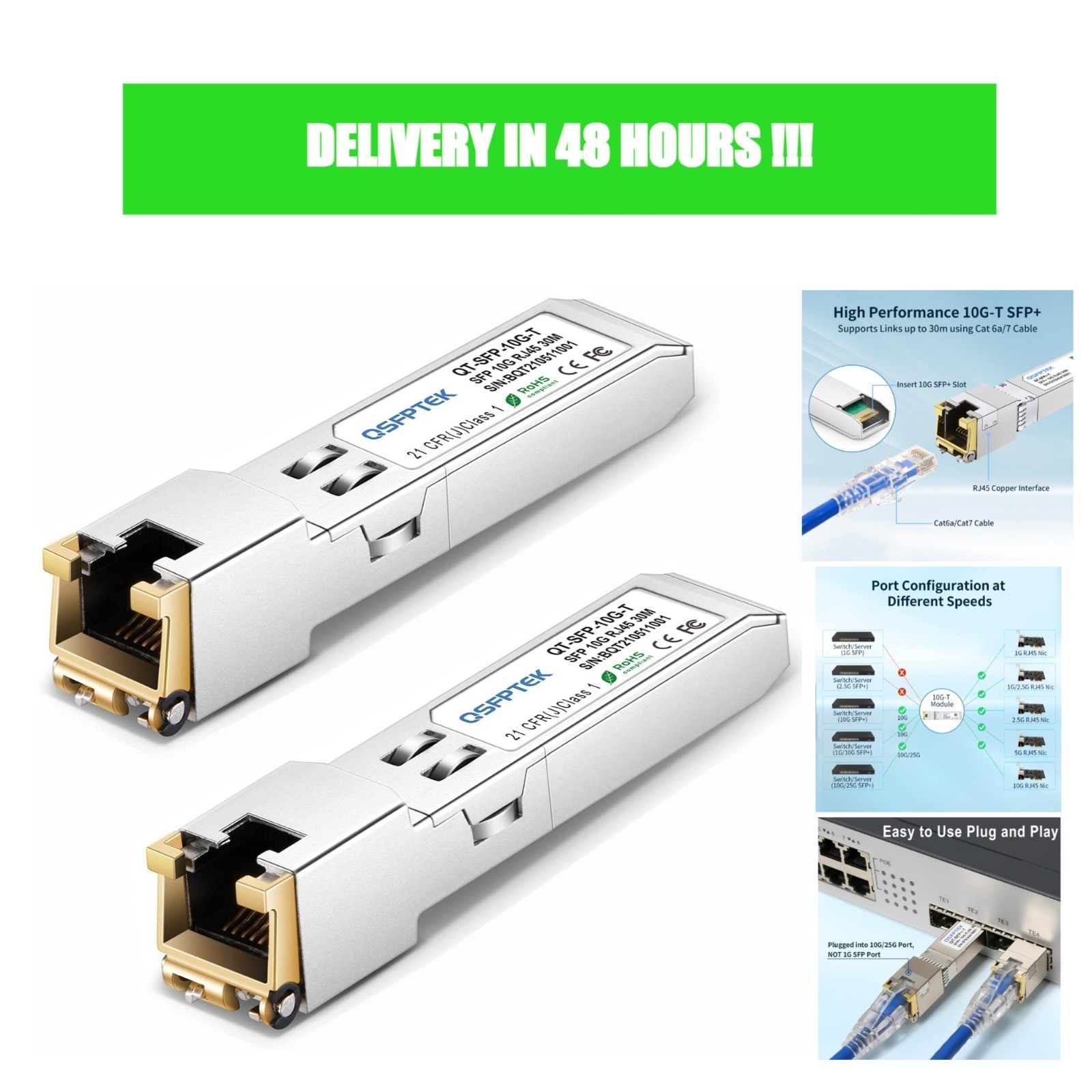 10G SFP+ to RJ45 Copper Transceiver 2-Pack QSFPTEK CAT6A CAT7