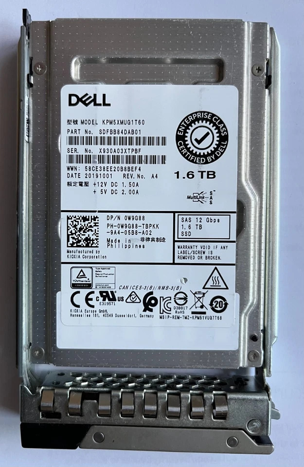 NewW9G88 0W9G88 DELL KIOXIA KPM5XMUG1T60 1.6TB SAS 2.5" 12Gb/s SSD MU R640 R740