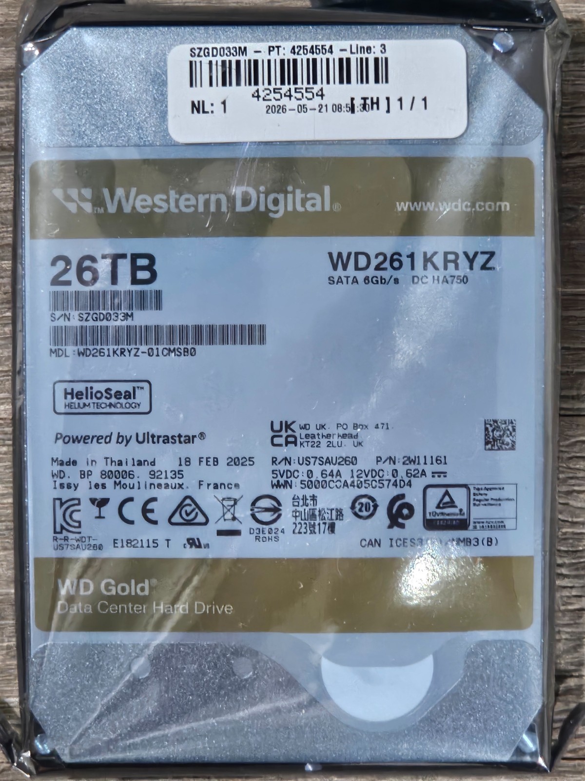 Western Digital  WD WD261KRYZ GOLD ENTERPRISE-CLASS 26TB CMR 7200RPM 512MB SATA