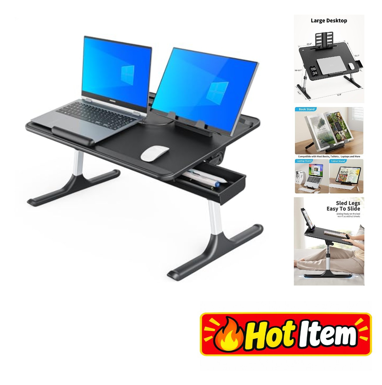 X-Large Foldable Lap Desk 23.6 Inch Adjustable Height Angle Reading Stand Drawer