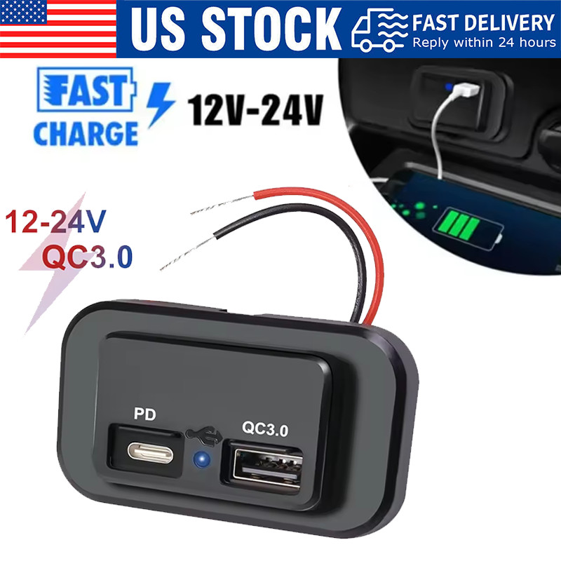 12-24V 4.8A Dual USB PD QC3.0 Car Boat RV  Charger Socket LED Power Outlet lot
