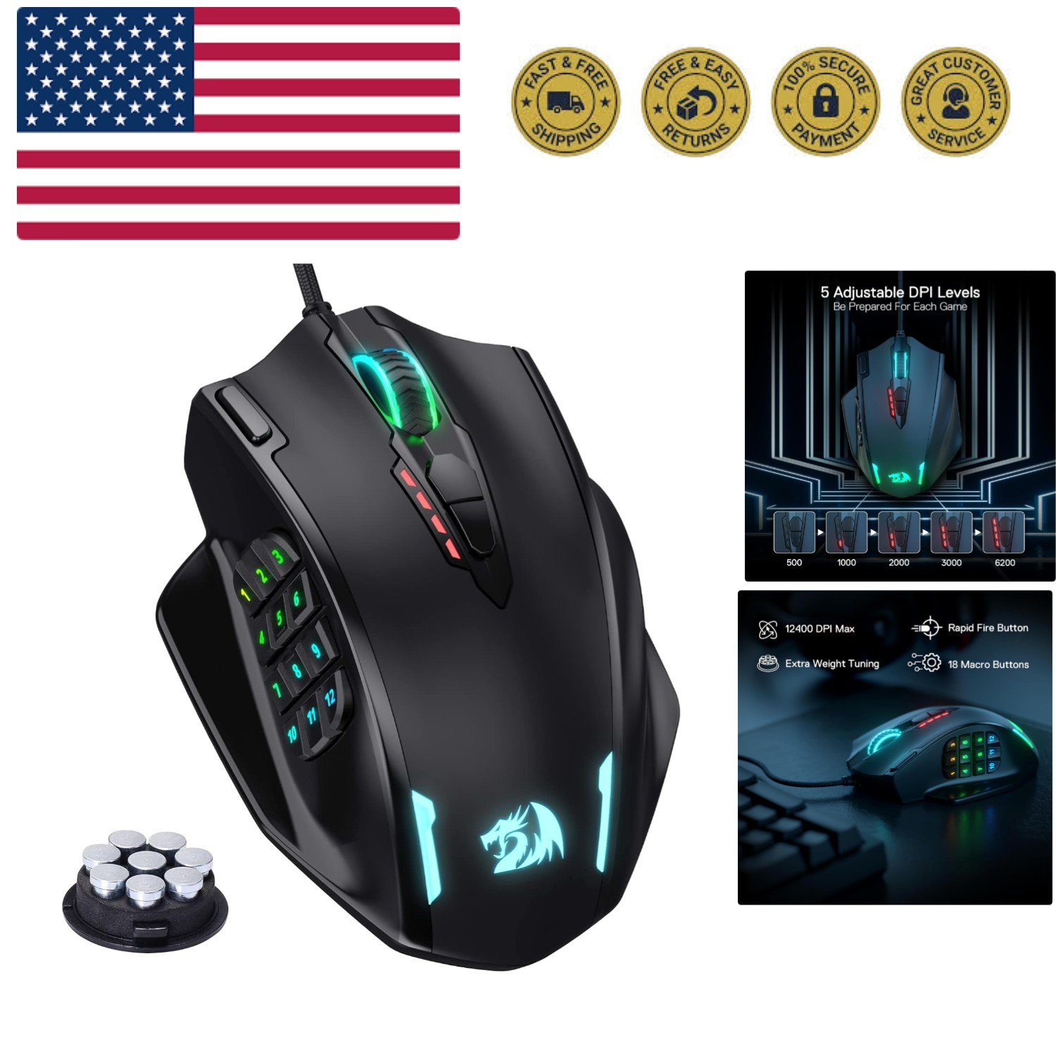 M908 Impact RGB LED MMO Gaming Mouse with 12 Side Buttons, Optical Wired Ergo...