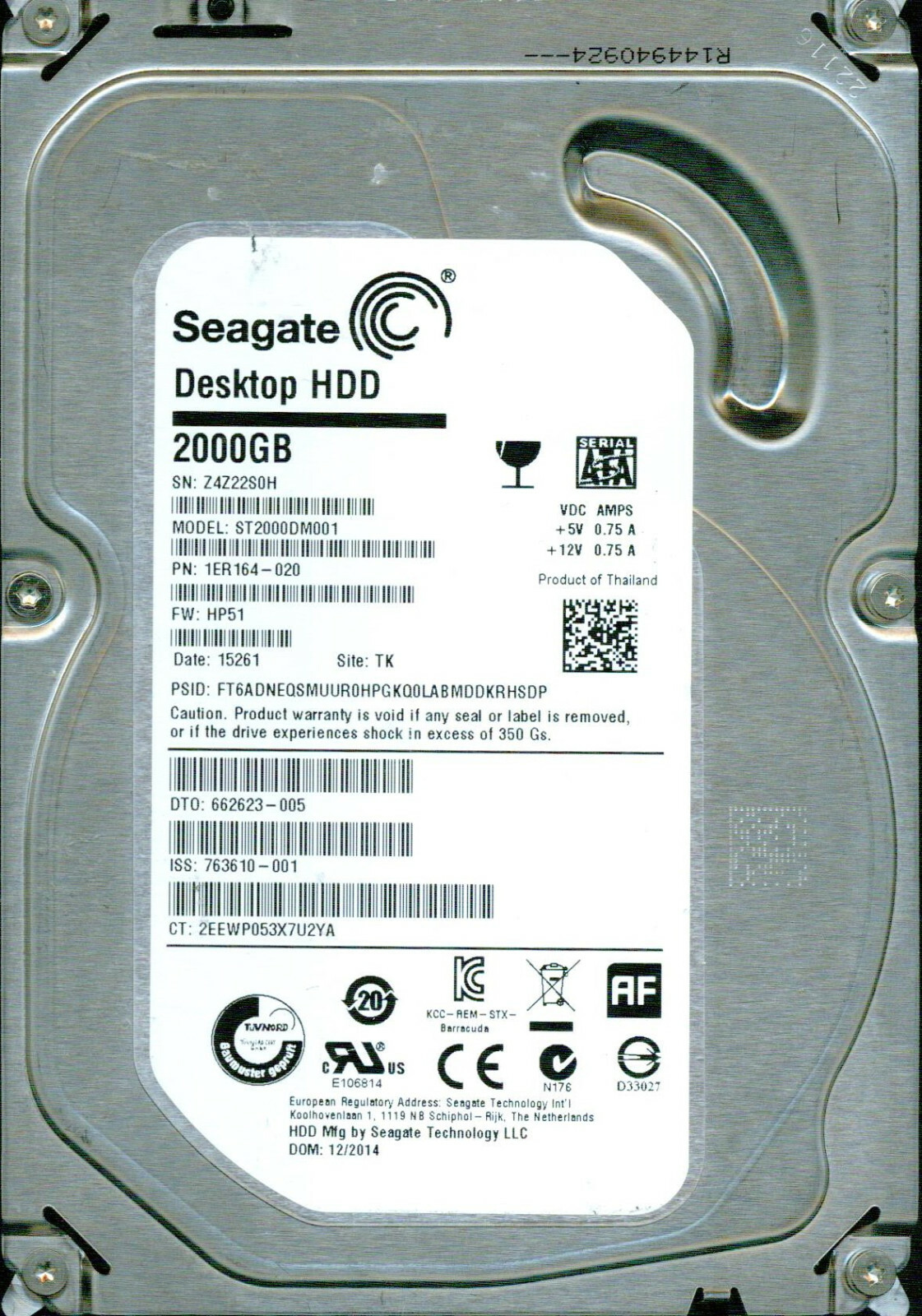 ST2000DM001,  1ER164-020,  HP51, TK,  Z4Z2,  SEAGATE SATA 2TB  