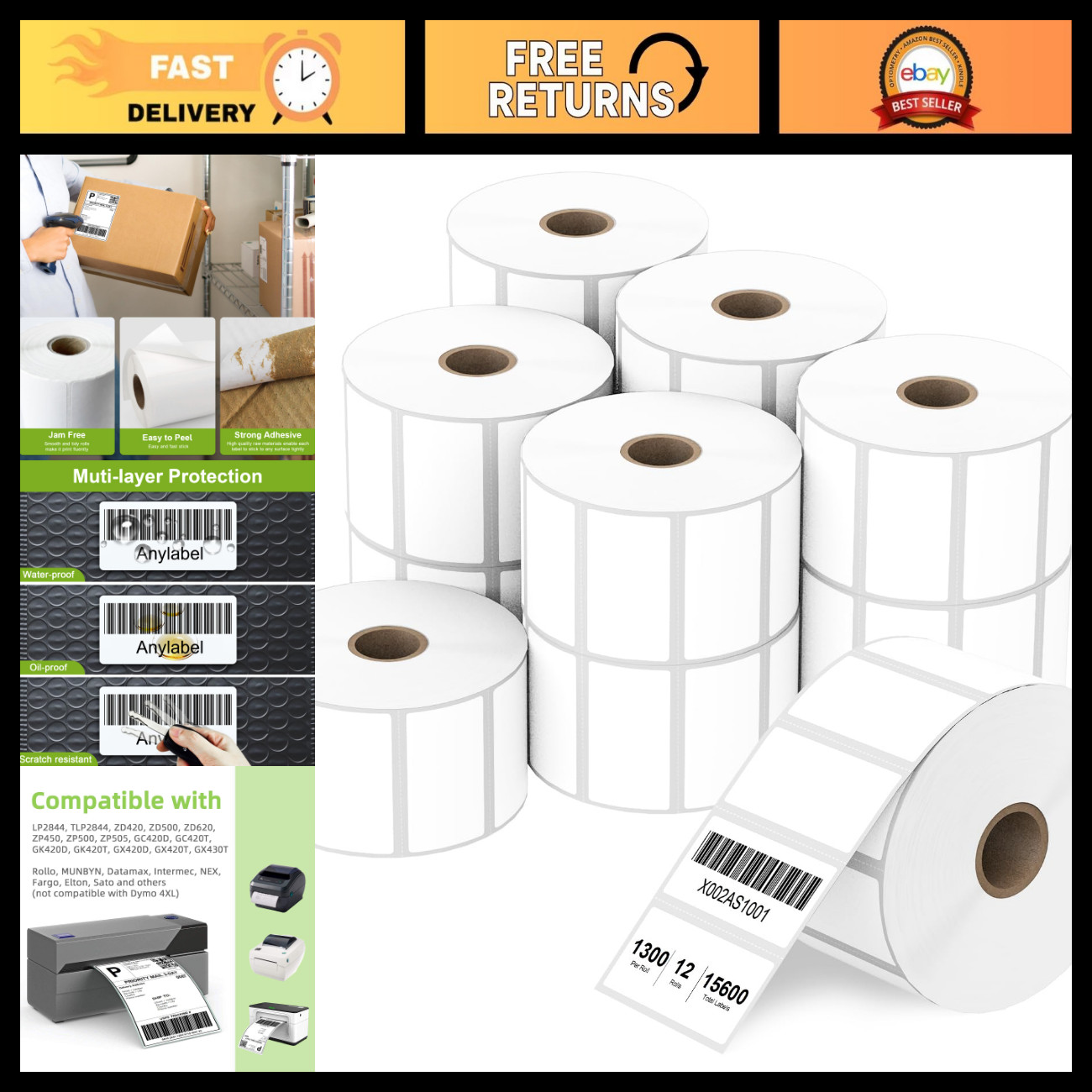 2" x 1" Direct Thermal Barcode Labels - 12 Rolls, 1300 Labels/Roll, Perforated,
