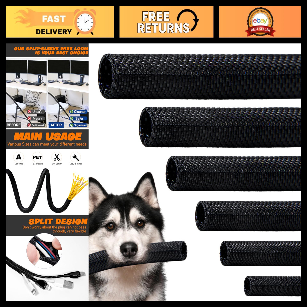 12ft Split Braided Cable Management Loom - High-Temperature Cord Covers, Cat Pro
