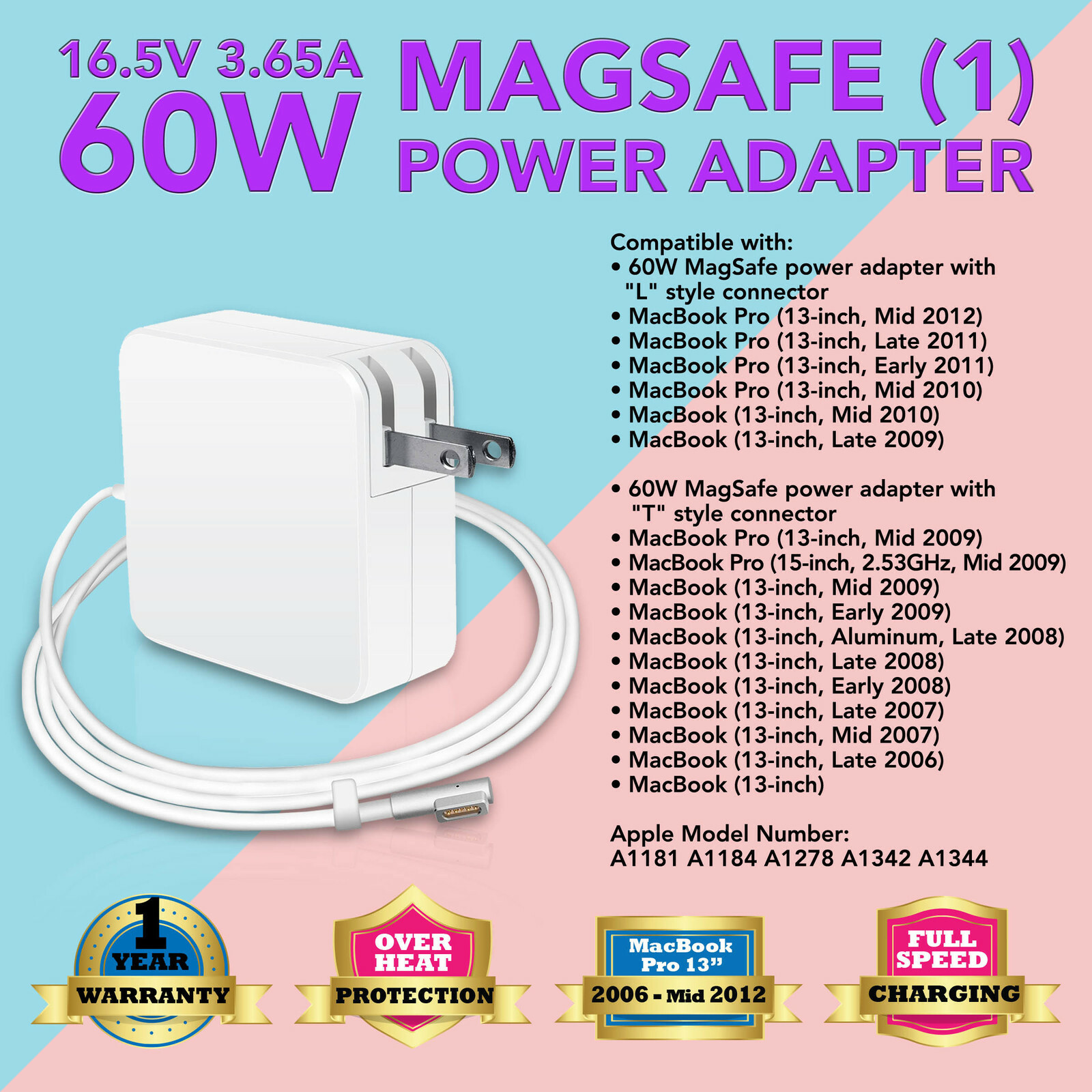 16.5V 3.65A 60W AC ADAPTER LAPTOP CHARGER FOR APPLE MACBOOK PRO 13" A1278 A1342