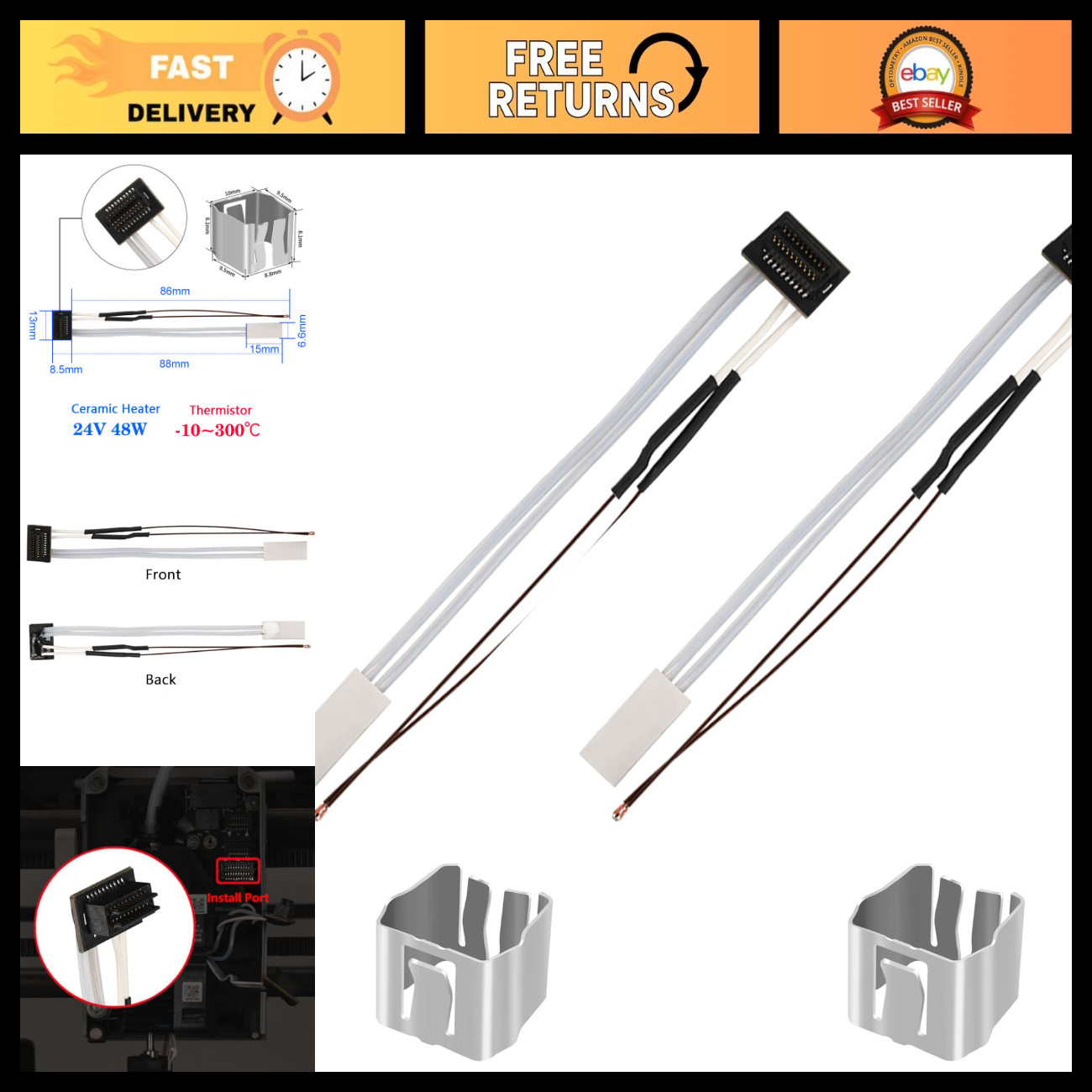 2 Pack 24V 48W Ceramic Heater & Thermistor for 3D Printers, High Temp Clip
