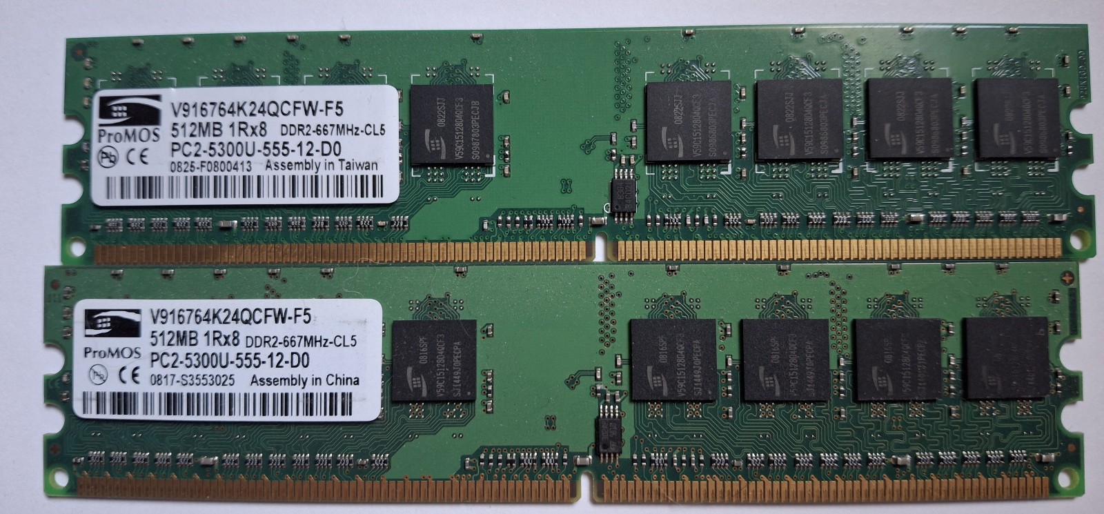 ProMOS 512MB X2 1GB Memory Ram 1RX8 PC2 5300U-555-12-D0 V916764K24QCFW-F5 DDR2