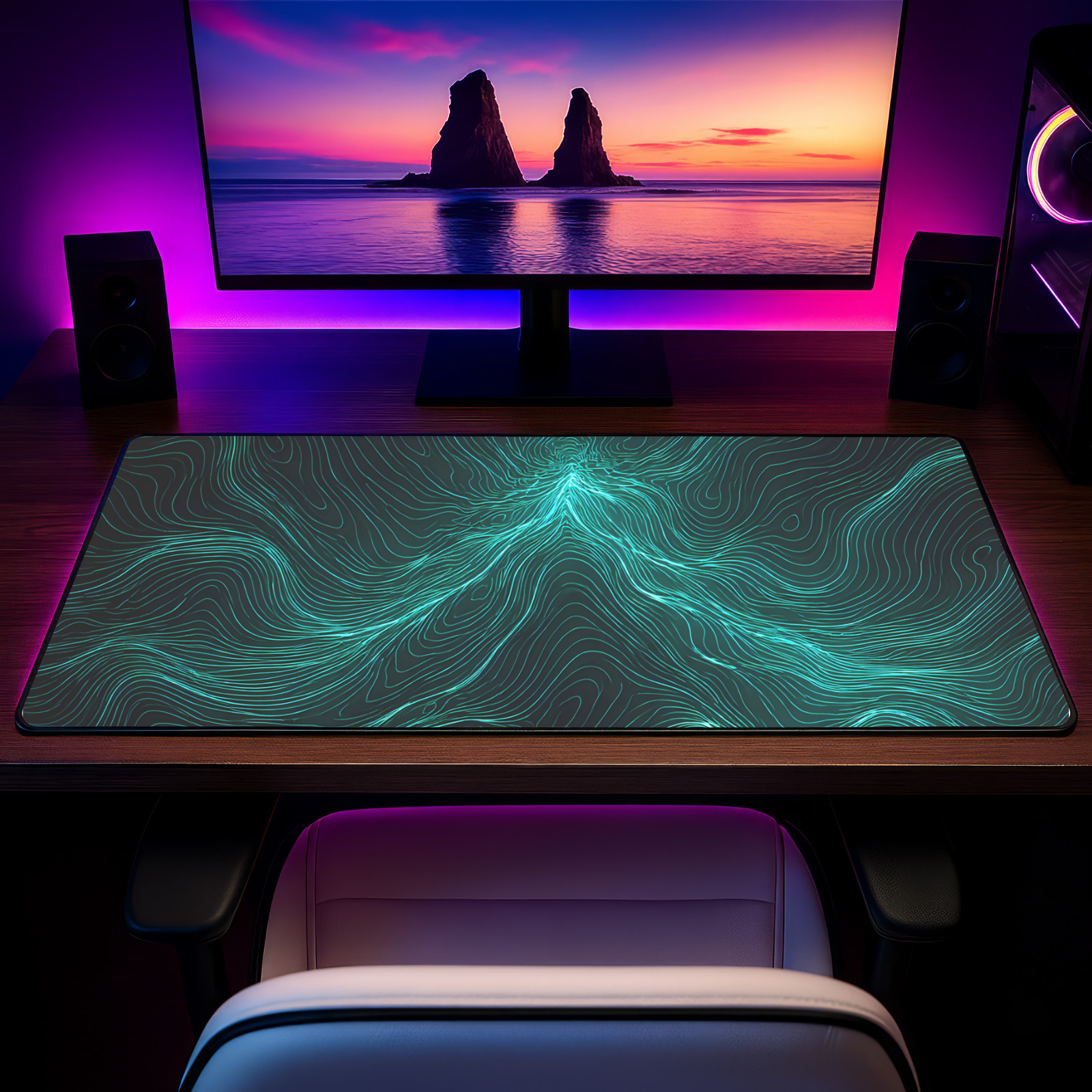 Topographic Contour Desk Mat 16x32 Teal Modern Mouse Pad XL Non-Slip