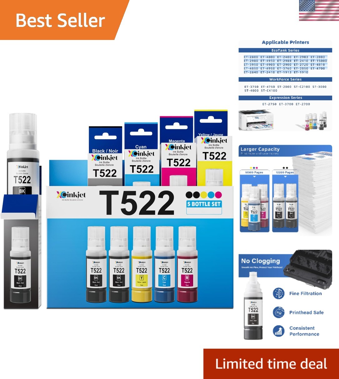 T522 High Yield Ink Bottles - 5 Pack with Bright Colors & Easy Refills