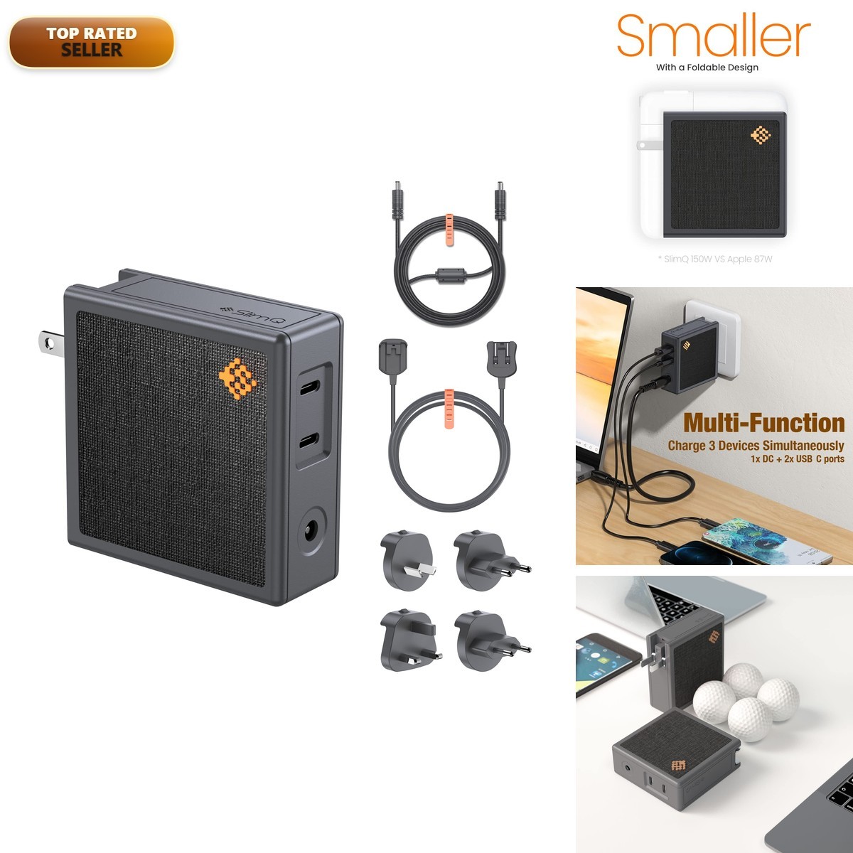 SlimQ 150W DC GaN Charger 3-Port (1DC+2USB-C) Compact Folding Plug with UK EU