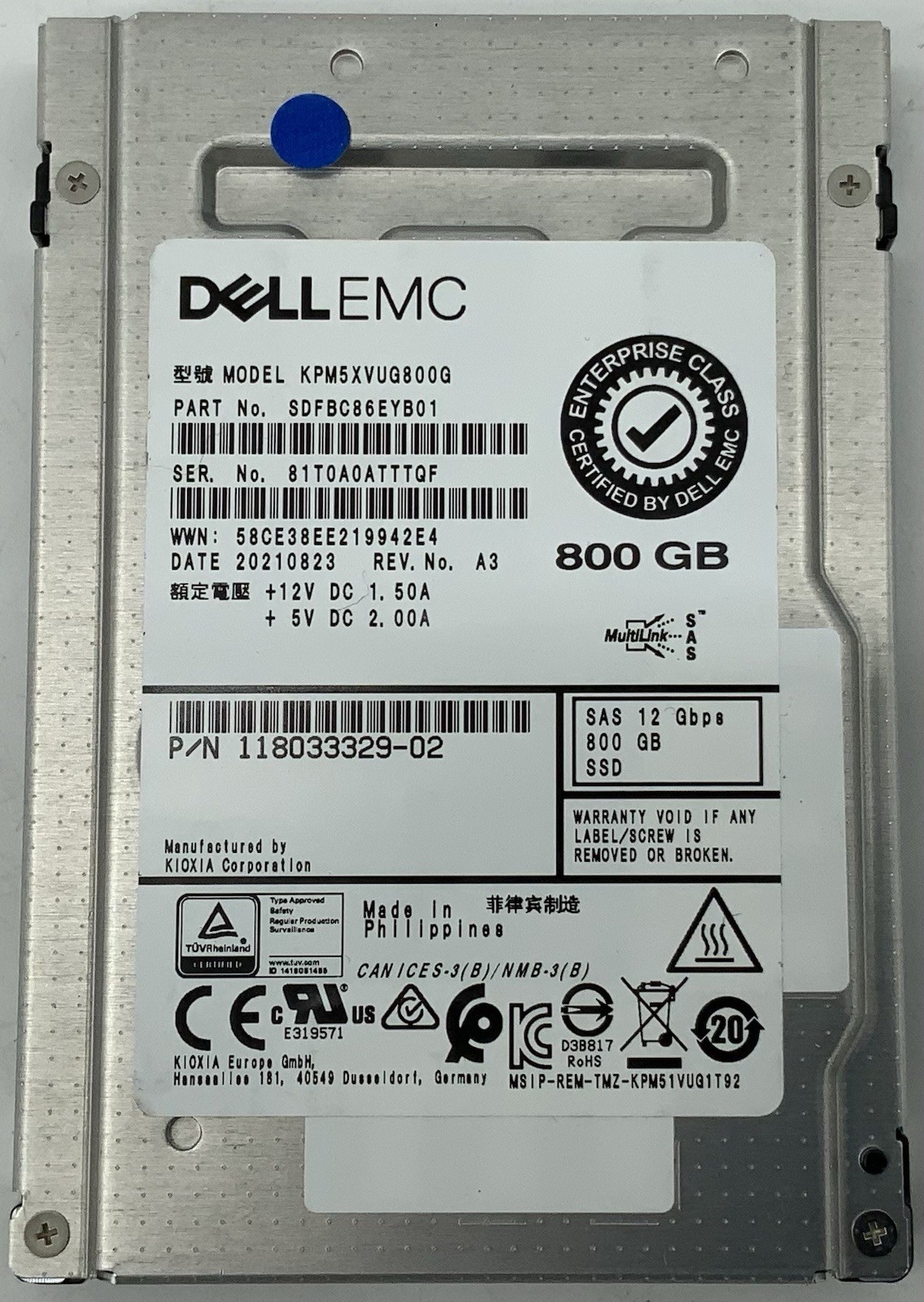 Kioxia Dell EMC 800GB SAS 12Gb/s 2.5" Enterprise SSD | KPM5XVUG800G 118033329-02
