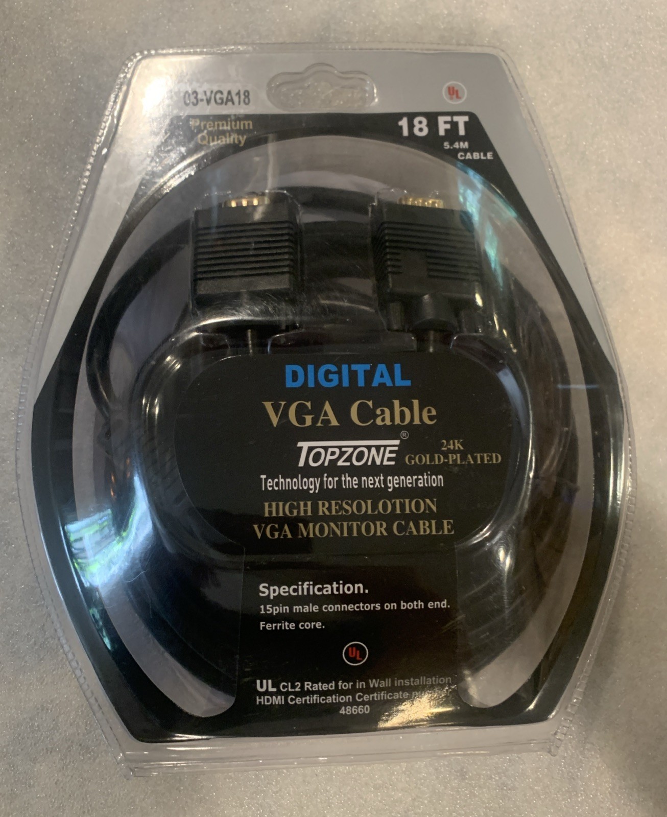 NEW Topzone VGA Cable 18ft Gold Plated Monitor Cord PC Laptop TV Projector