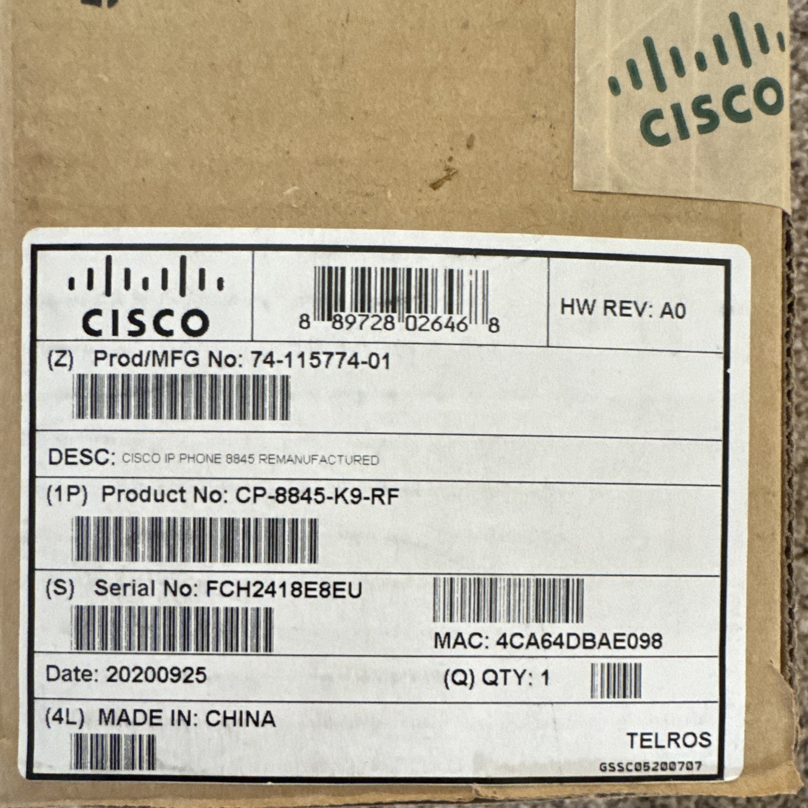 Cisco IP Corded Video Phone 8845 CP-8845-K9-RF with 5" Screen