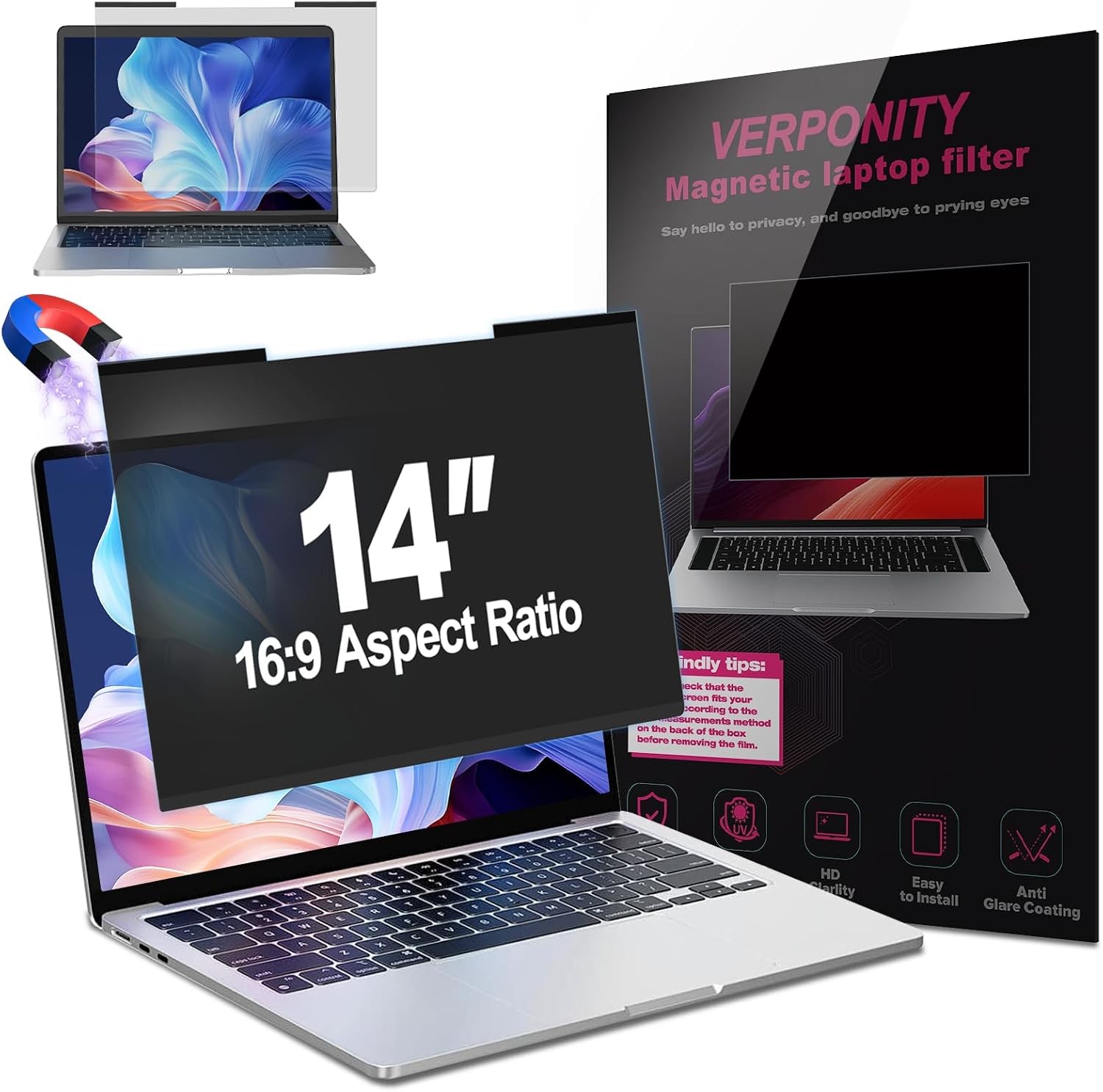 Magnetic Laptop Privacy Screen 14 Inch 16:9 Display, Removable Privacy Shield