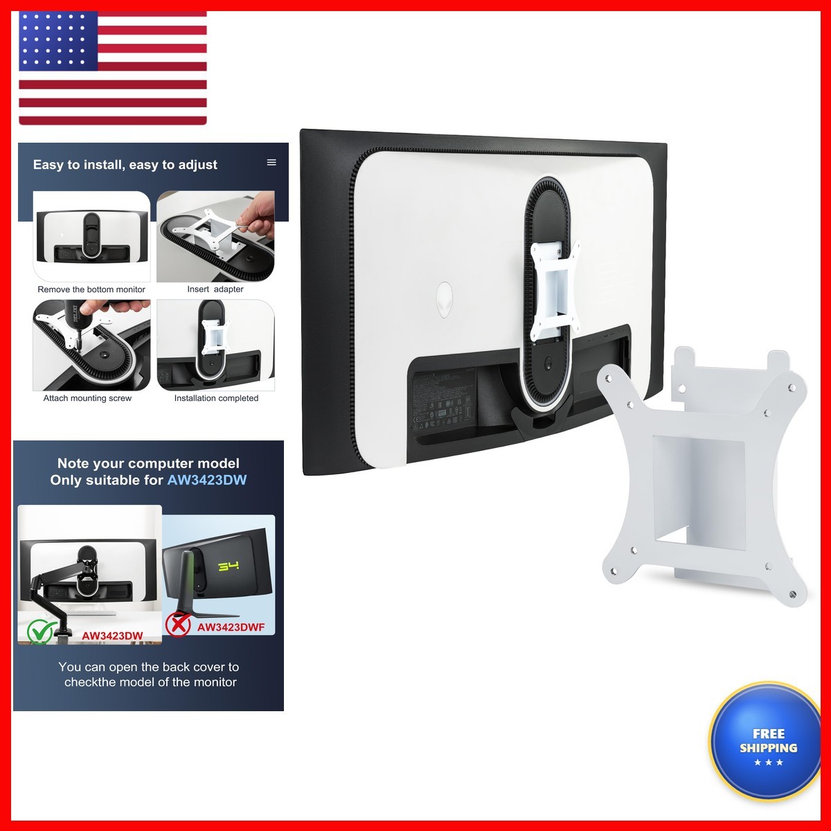 VESA Bracket Adapter for DELL Alienware 34" Curved QD-OLED (Fits AW3423DW)