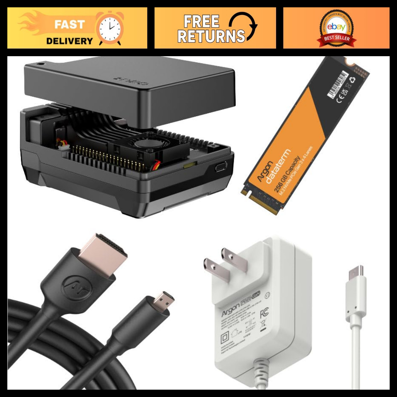 M.2 NVMe SSD Case Kit for Raspberry Pi 5 - 256GB Storage, High-Speed Performance