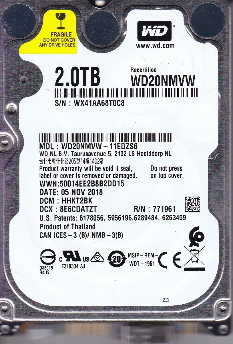 WD20NMVW-11EDZS6 dcm: HHKT2BK s/n: WX41AA NOV 2018 2TB USB 3.0 WESTERN DIGITAL