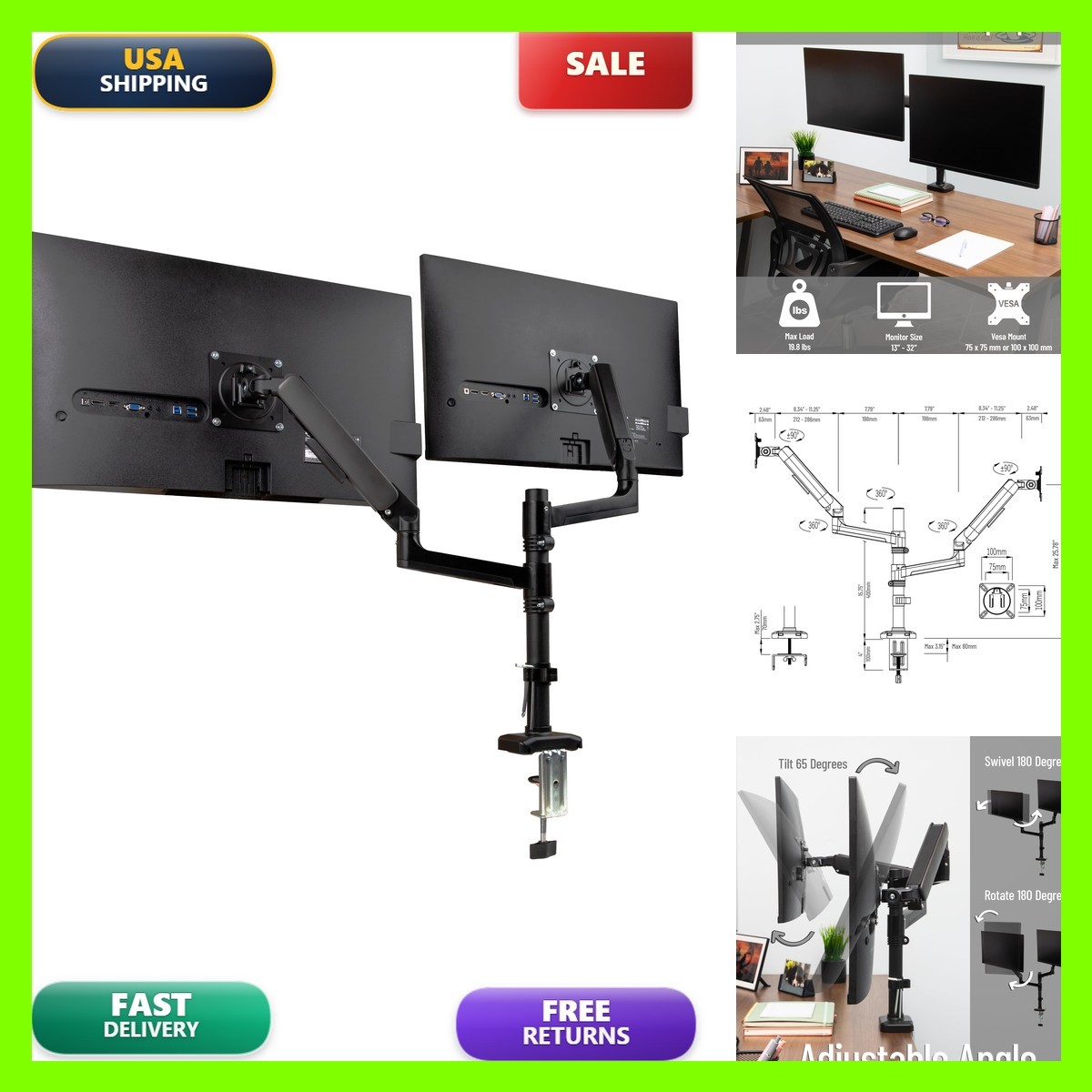 Mind Reader Dual Monitor Arm 1332 Inch Screens, Gas Spring VESA Desk Mount