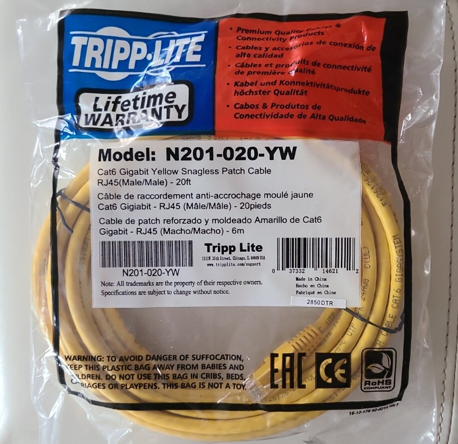 Tripp Lite 20FT RJ45 Male Cat6 Gigabit Snagless Molded Patch Cable  - Yellow