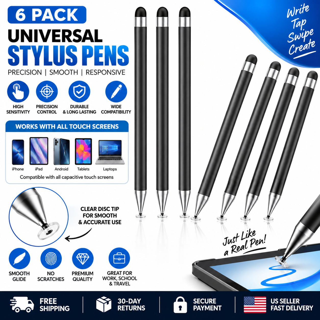 Stylus Pen for Touchscreen, 6 PCS Pencil 2-in-1 High Precision Black
