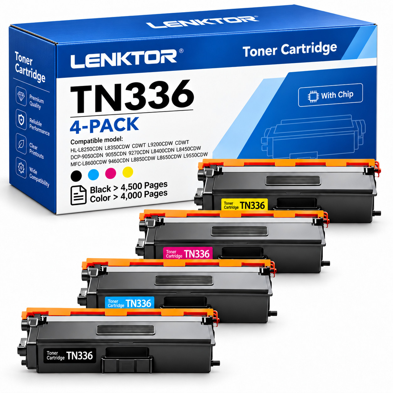 TN336 Toner Cartridge 4PK BK/C/M/Y With Chip for MFC-L9550CDW HL-L8350CDW 4-Pack