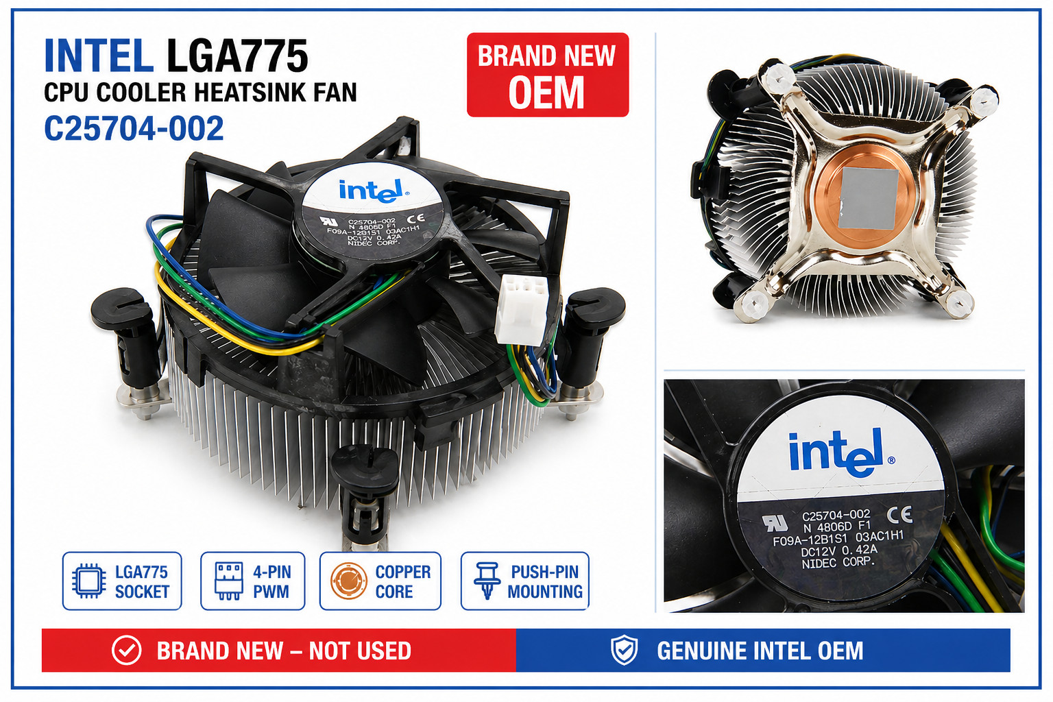 Intel LGA775 CPU Cooler Heatsink Fan C25704-002 4-Pin PWM New Genuine