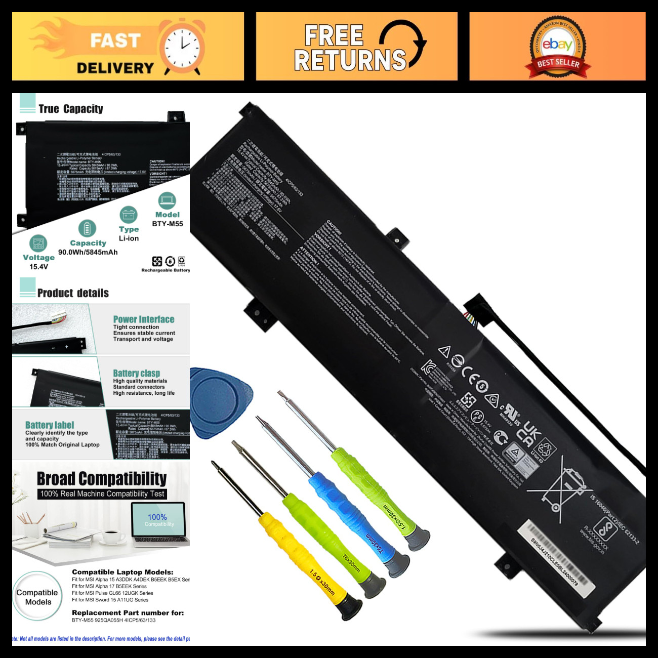 90Wh Laptop Battery Replacement for MSI Alpha 15/17, Pulse GL66, Sword 15, 5845m