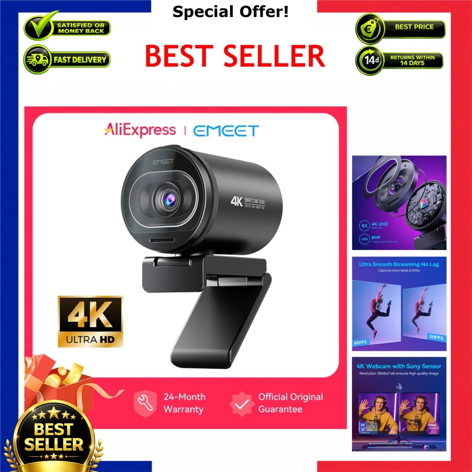 EMEET S600 4K Webcam 1080P 60FPS Autofocus USB Streaming Camera with Mics