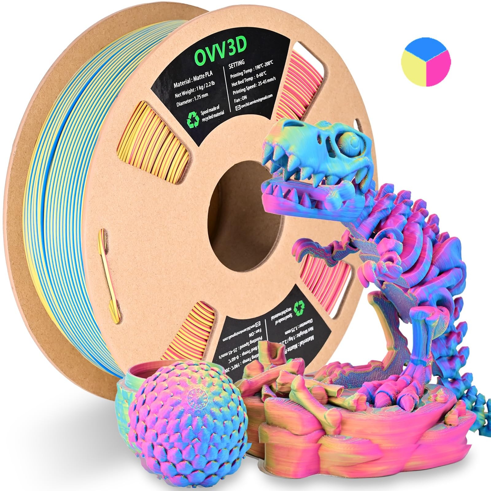 OVV3D PLA Filament 1.75mm, Rainbow PLA Filament Matte Tri-Color 3D Printer