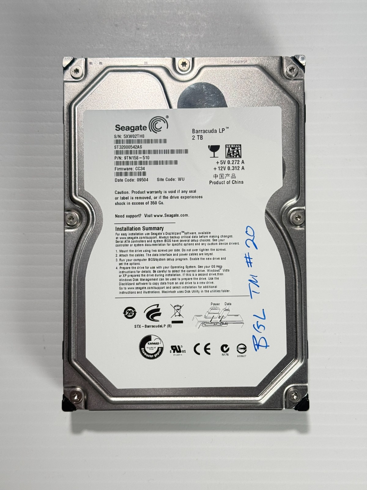 Seagate ST32000542AS 2TB 3.5" 5900 RPM 32MB SATA Hard Drive HDD P/N: 9TN158-510.