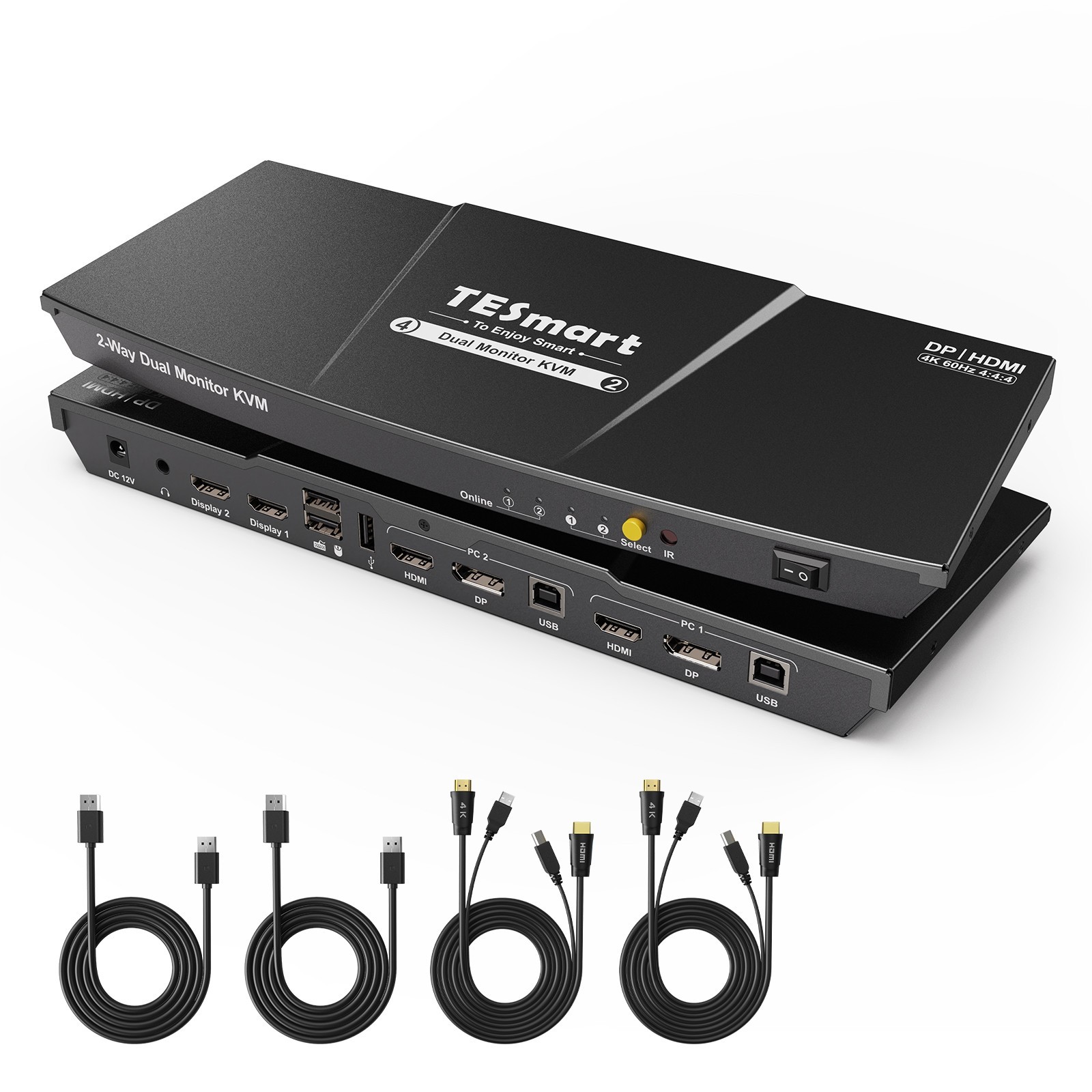 TESmart 4K@60Hz DP + HDMI KVM Switch 2 Monitors 2 Computers with EDID Grey
