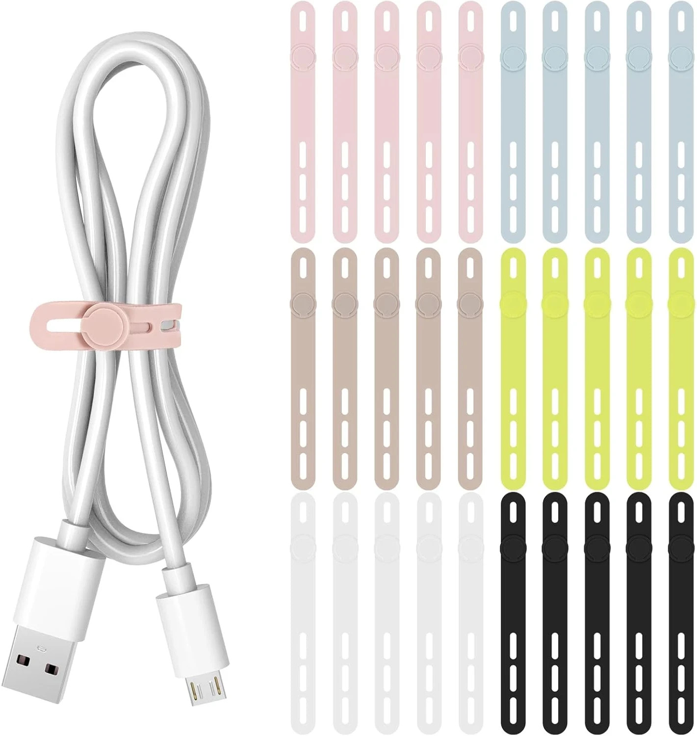 30Pcs Silicone Cable Ties Data Cable Organizer Reusable & Washable Cable Strap