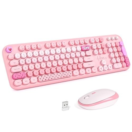 Pink Rainbow Wireless Keyboard Mouse Combo Full Size Round Keycaps 2.4G USB