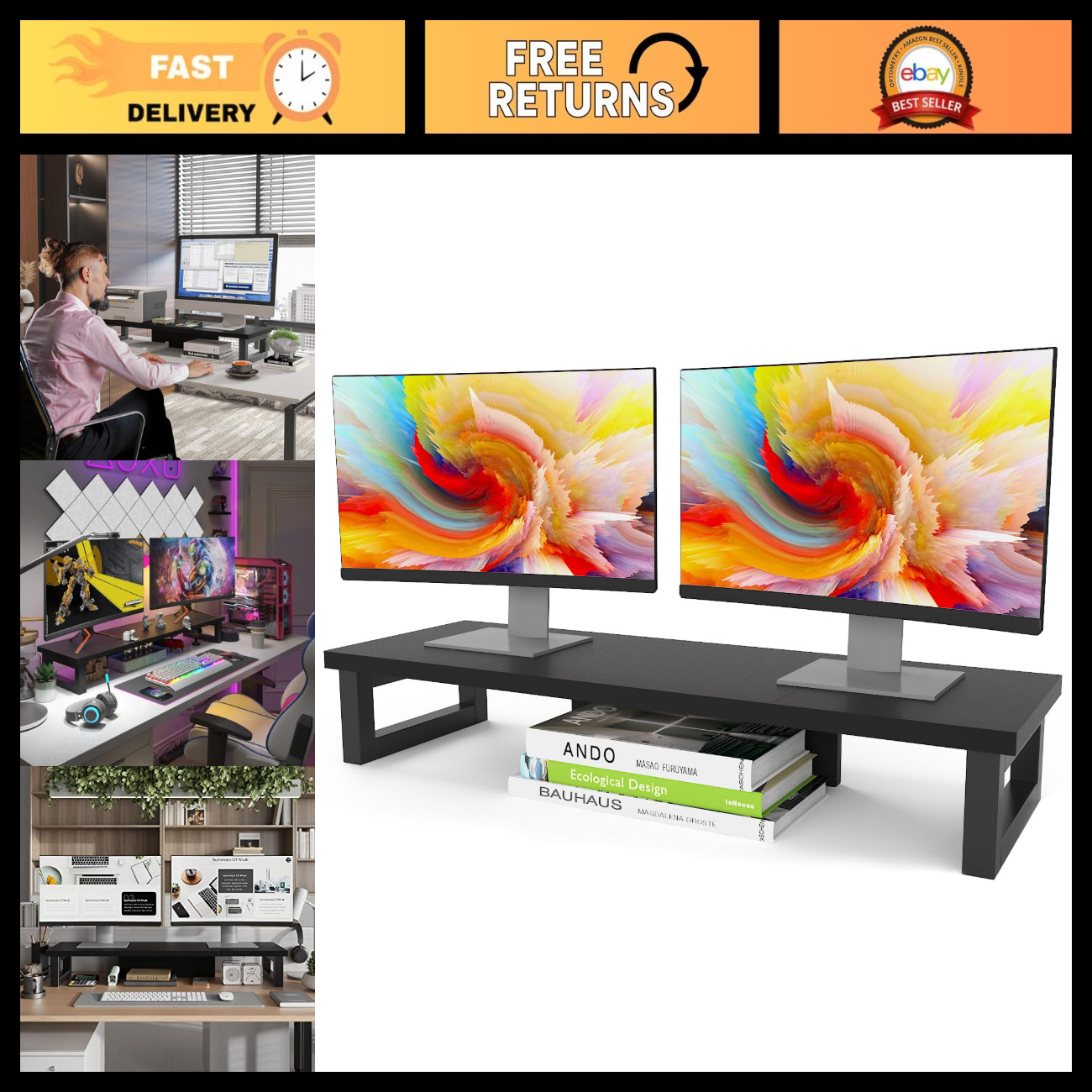 Dual Monitor Stand Riser - Wood & Steel, Multi-Purpose Desktop Organizer for 2 M
