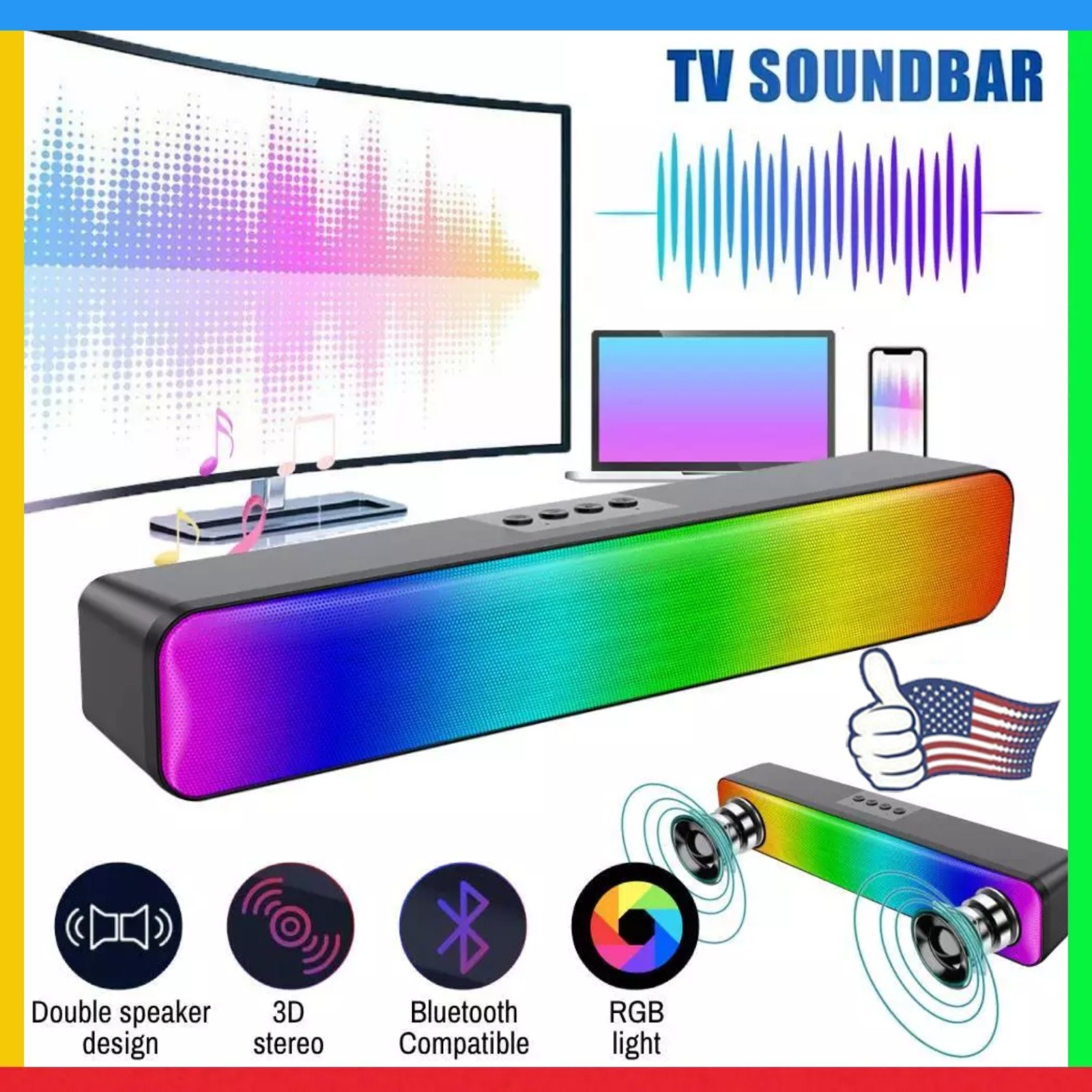 Bluetooth RGB Dual Speaker Subwoofer Soundbar TV Sound Bar Home Theater AUX/TF