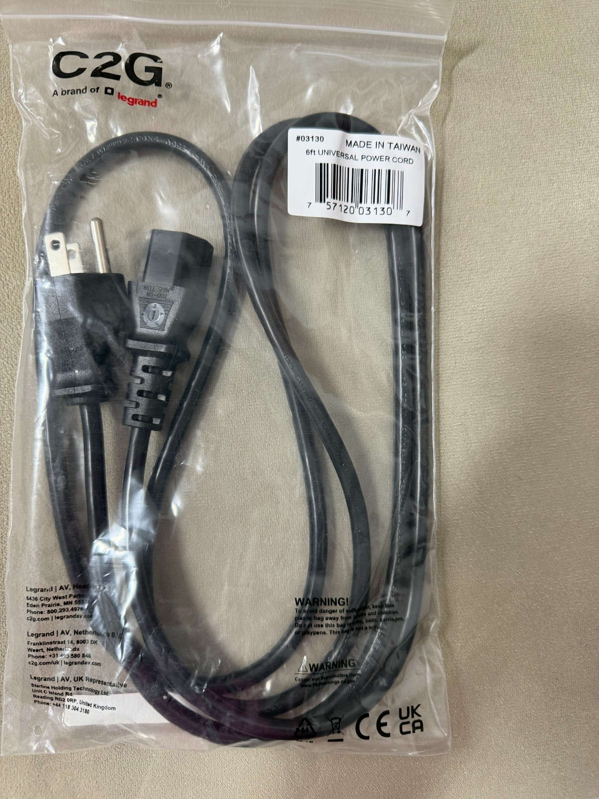 C2G 03130 Universal Power Cord Replacement Cable 3 Pin 5-15P to C13 6Ft NEW