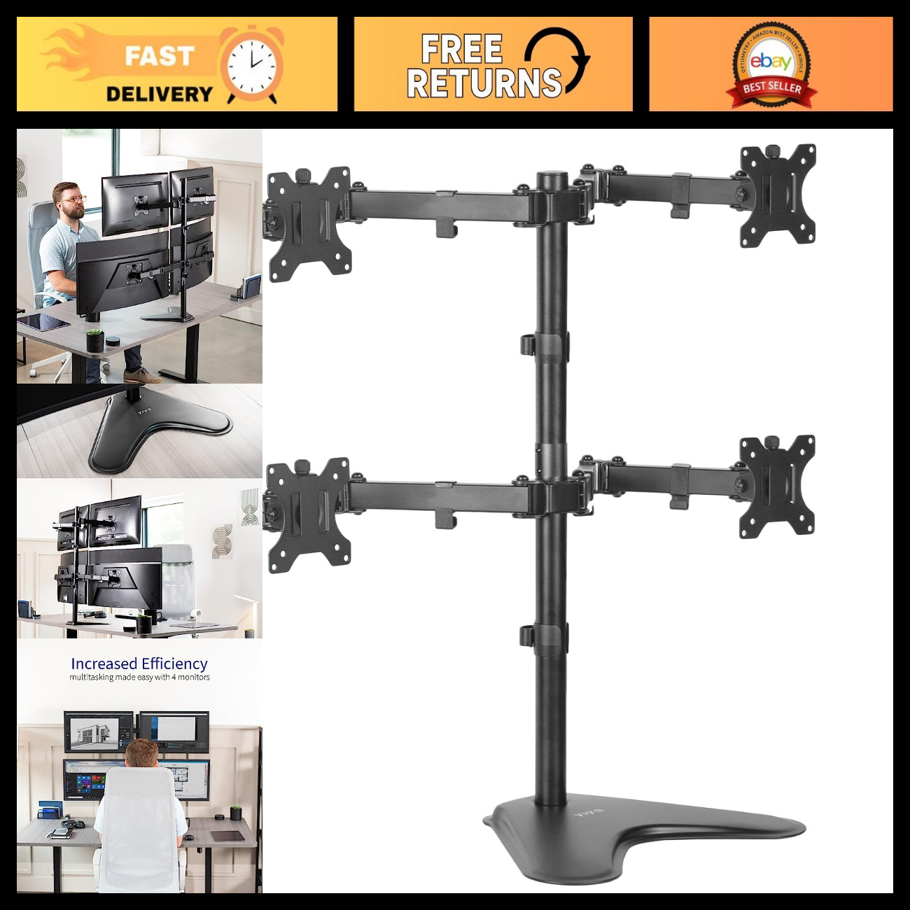 Quad Monitor Stand for 13-30" Screens, Fully Adjustable Free-Standing Desk Mount