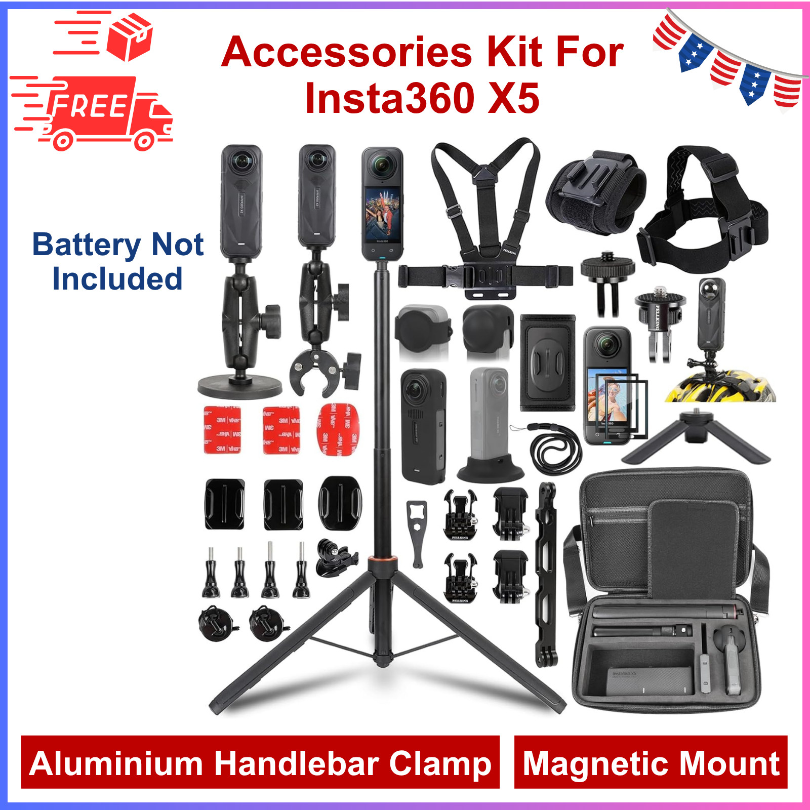 Accessories Kit For Insta360 X5,Included Carrying Case W/Belt,135cm Selfie Stick