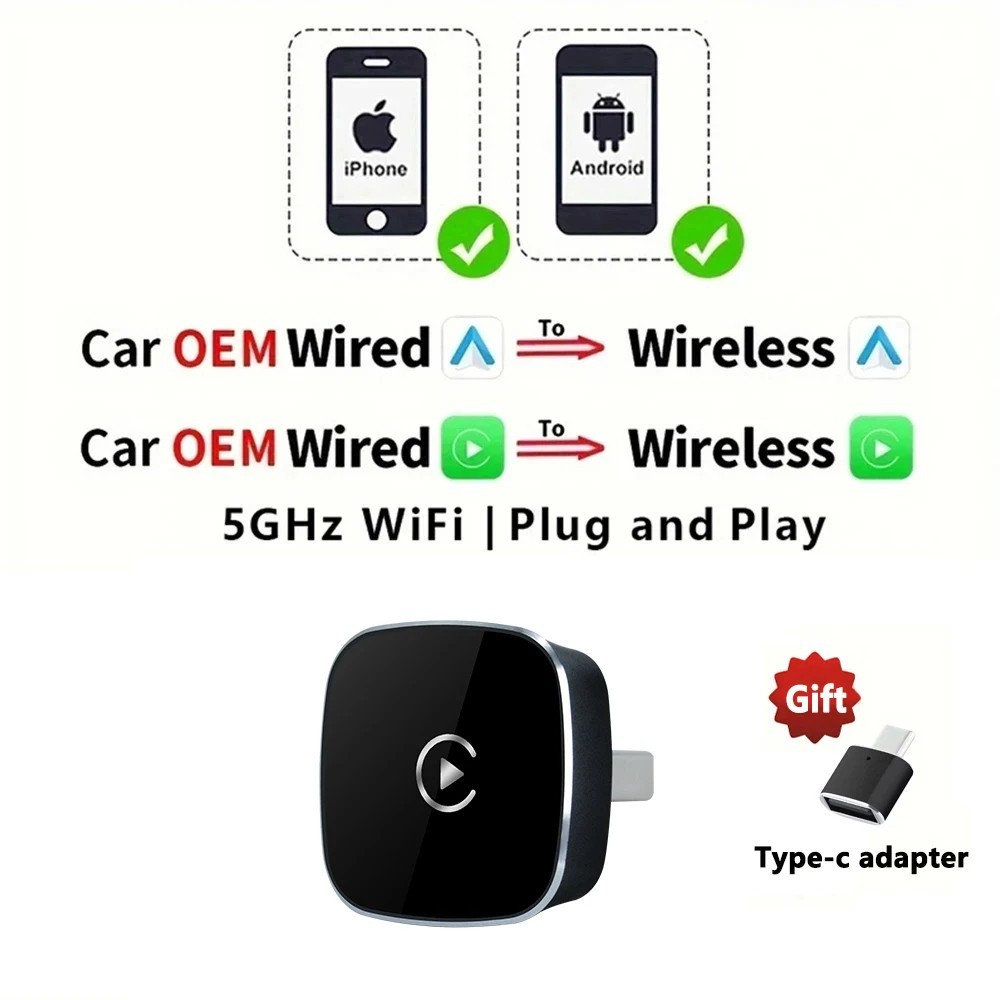 2 in 1 Wireless CarPlay Android Auto Adapter 5GHz WiFi Wired to Wireless USB