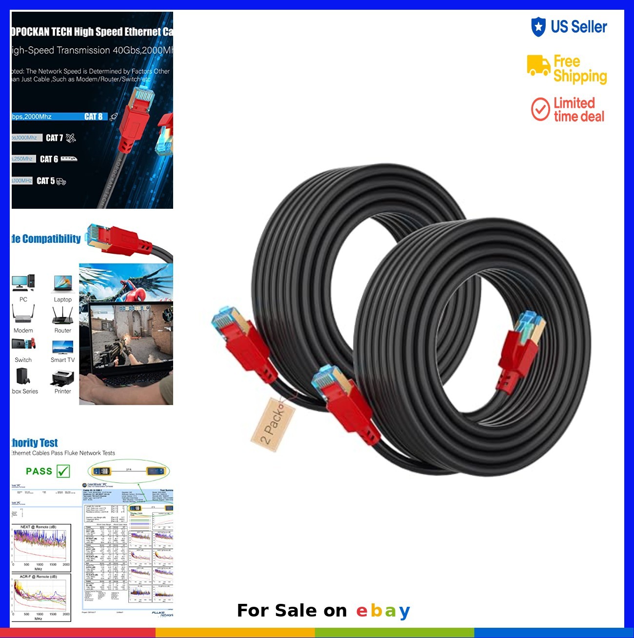 Cat 8 Ethernet Cable 10 ft 2 Pack Shielded RJ45 40Gbps 2000MHz 26AWG OFC Network