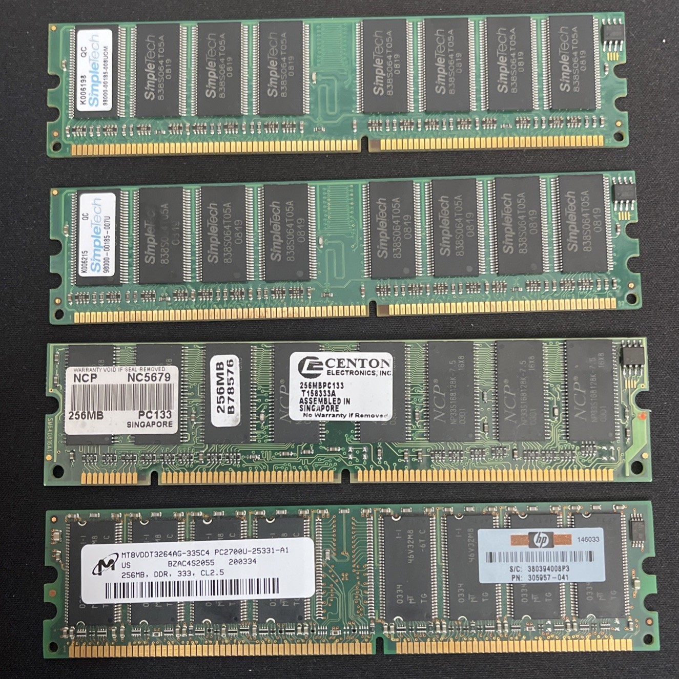 Lot Of 2 512MB & 2 256MB PC2700 DDR 333 SimpleTech, Centon, HP PC3200/2700/2100