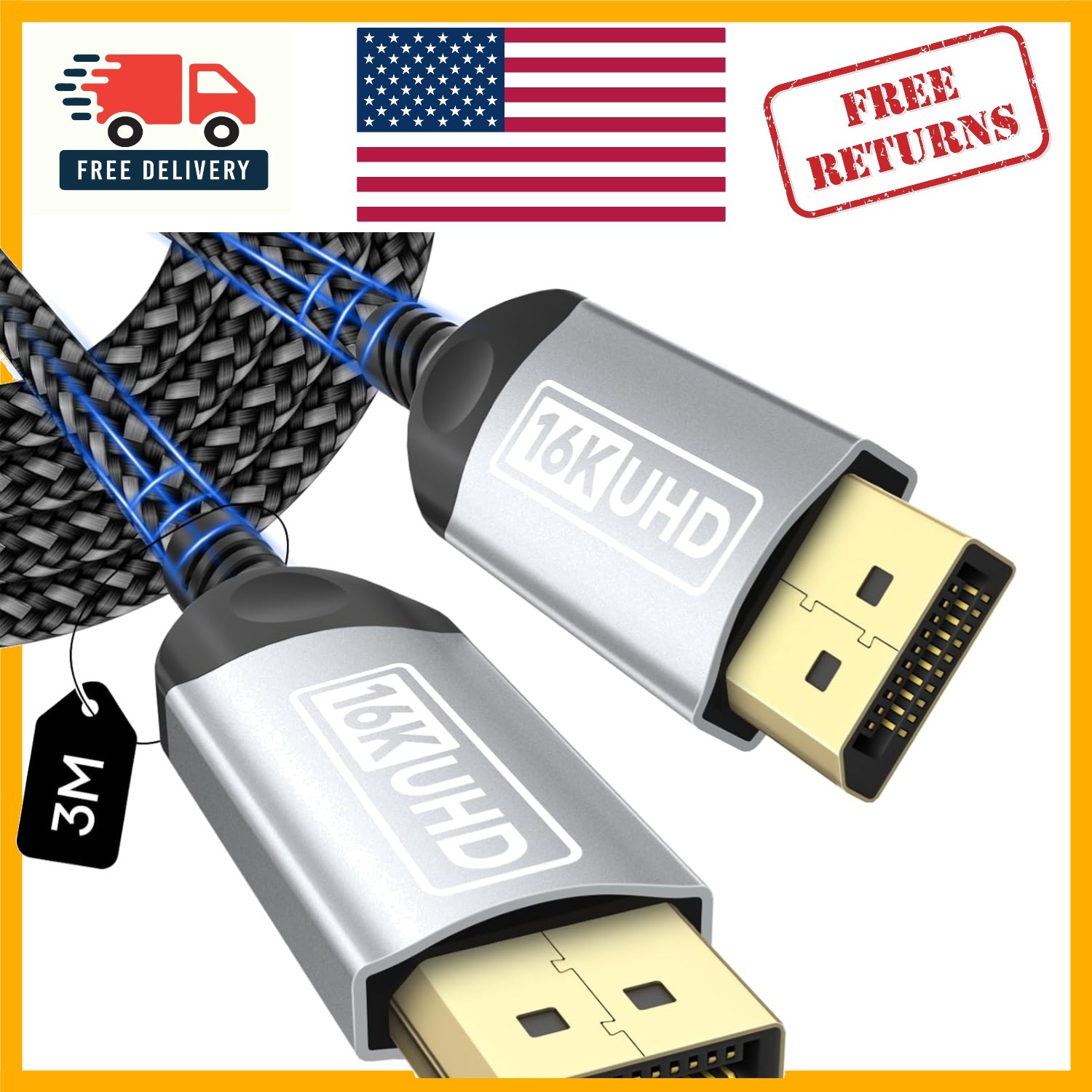 10FT 16K DisplayPort Cable - Connects Directly | Perfect for Monitors & PCs