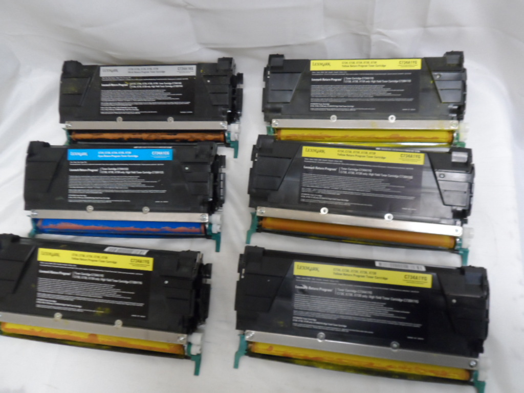 LOT OF 6 LEXMARK EMPTY TONER CARTRIDGES C734A1KG/C734A1CG/C734A1YG (7245-2)