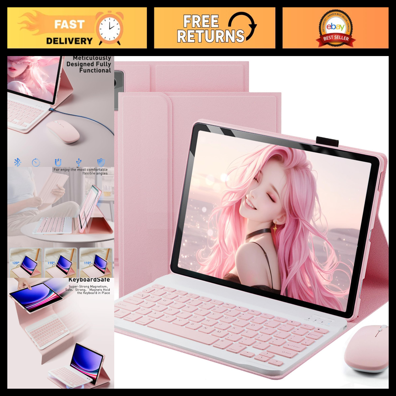 Detachable Keyboard Case for 12.1" Tablet - Stand Folio Cover with Mouse - Pink