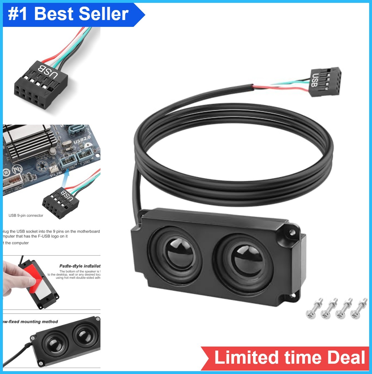 Motherboard Speaker Internal USB PC Computer 9 Pin Mini Stereo Carbon Fiber for